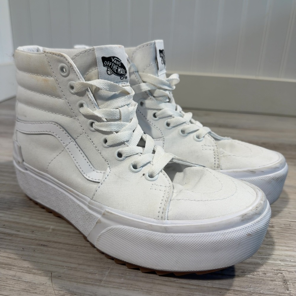 VANS Sk8-Hi Stacked Lugged Sneakers White Canvas Women Platform Shoes Sz 7